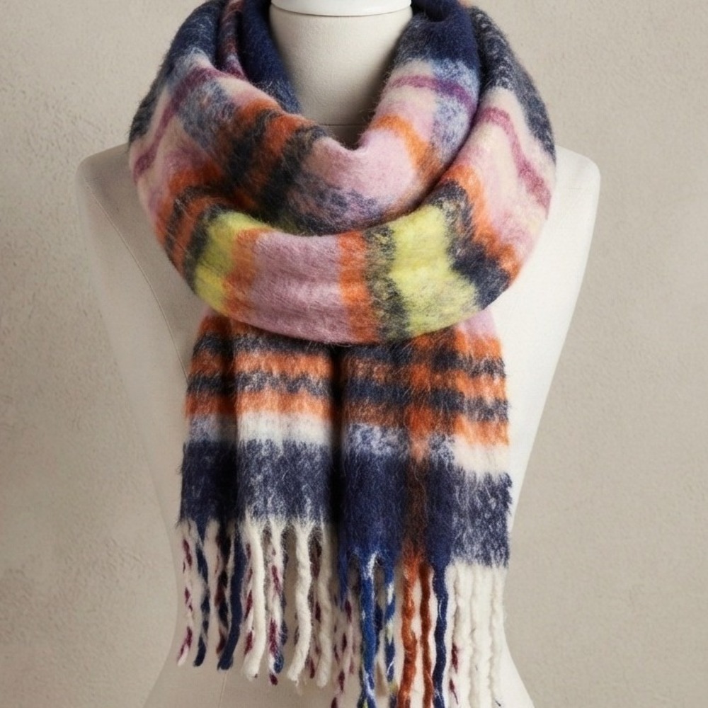 Steve Madden Cobalt Multi Plaid Oversized Fringe Blanket Scarf NWat